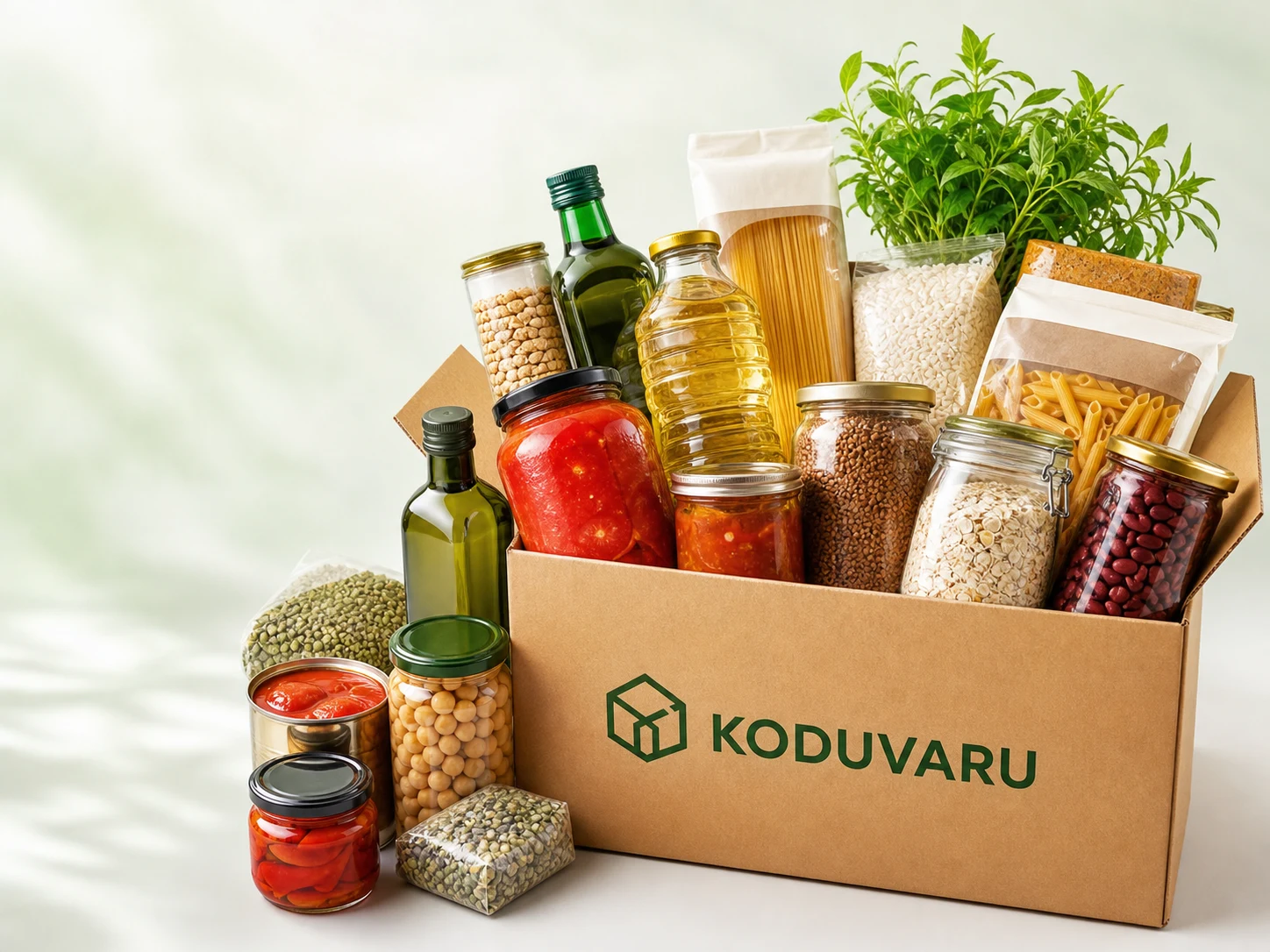 Koduvaru kast kuivainete ja konservidega
